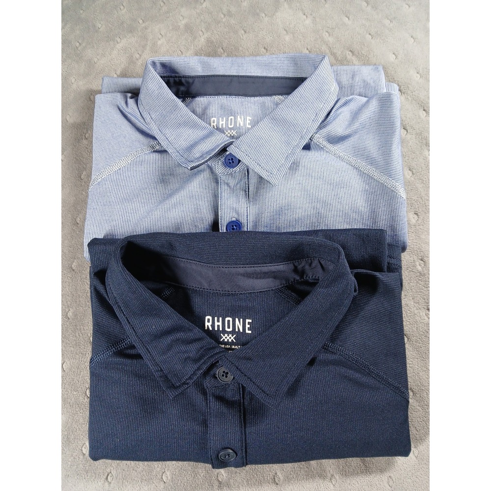Rhone Mens Short Sleeve Polo Shirt Lot 2 Navy Blue Light Blue Stripe Size M
